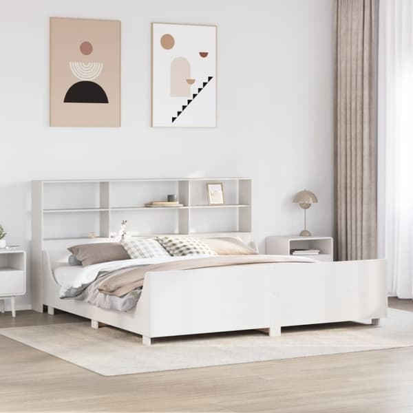 Sänky kirjahyllyllä ei patjaa valkoinen 200x200 cm täysi puu