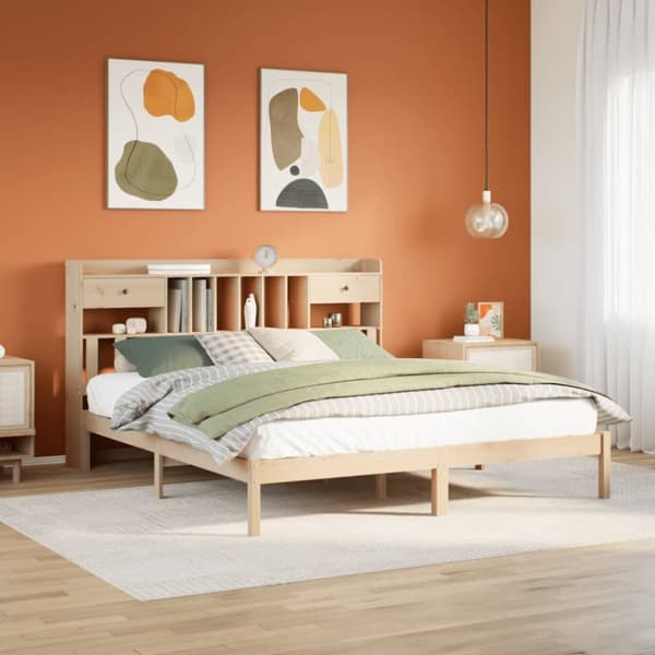 Sänky kirjahyllyllä ilman patjaa 200x200 cm täysi mänty