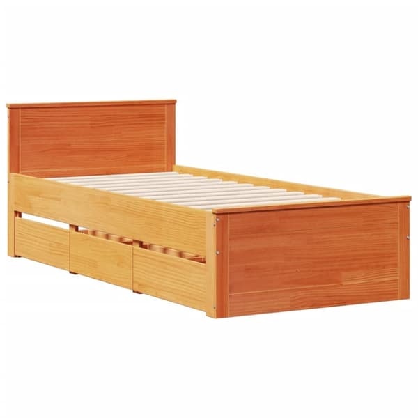 Säng med bokhylla utan madrass vaxad brun 90x190 cm massiv furu
