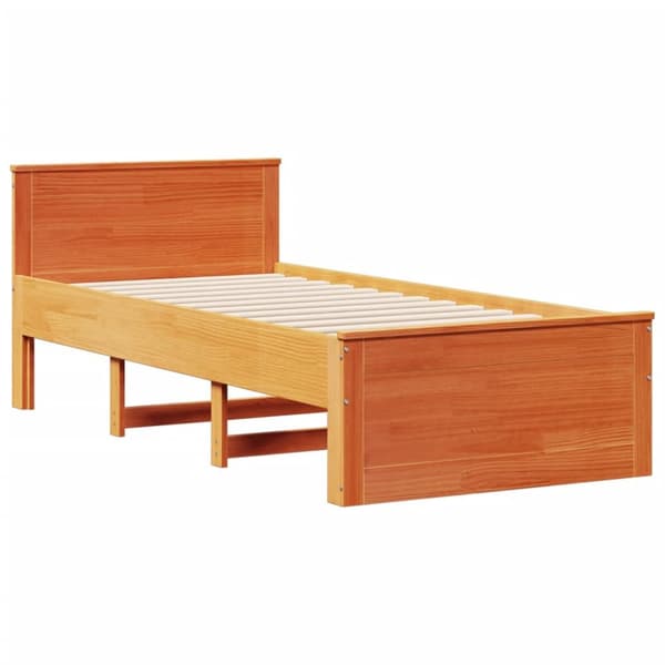 Säng med bokhylla utan madrass vaxad brun 90x190 cm massiv furu
