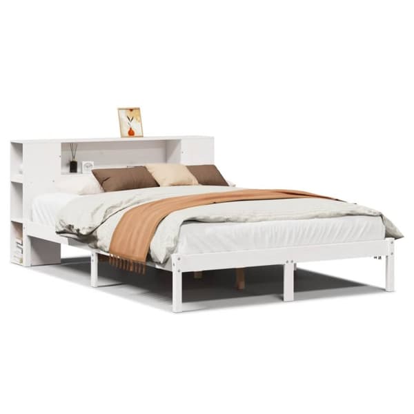Säng med bokhylla utan madrass vit 120x200 cm massiv furu