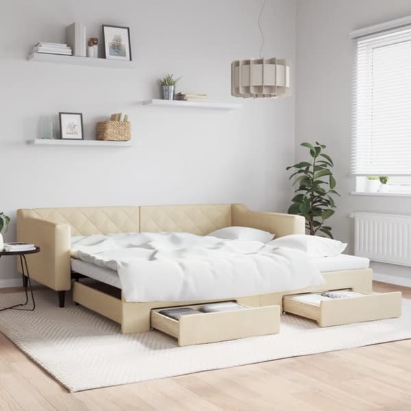daybed med udtræk og skuffer 100x200 cm stof cremefarvet
