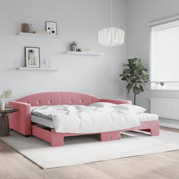 daybed med udtræk og madras 100x200 cm velour lyserød
