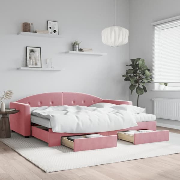 daybed med udtræk og skuffer 90x200 cm velour lyserød