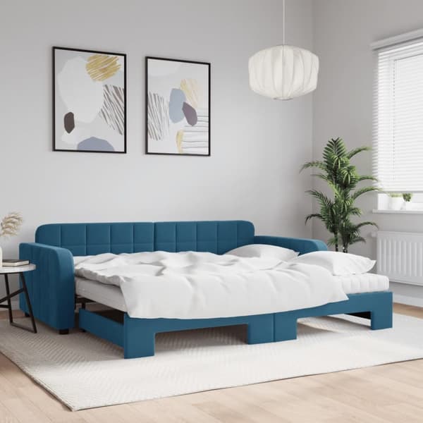Dagbädd utdragbar med madrasser blå 90x200 cm sammet