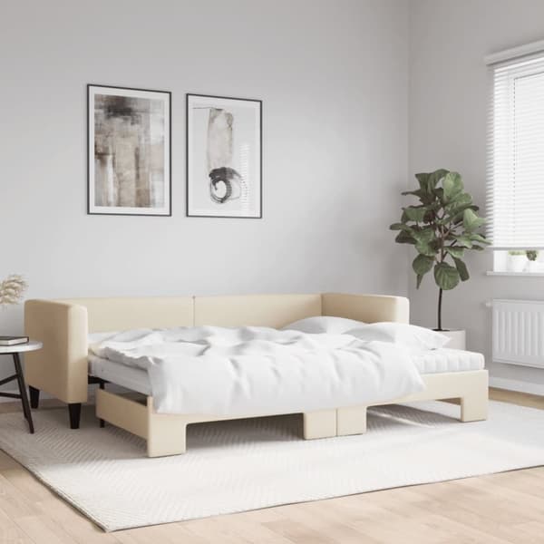 Dagbädd med madrasser utdragbar gräddvit 80x200 cm tyg
