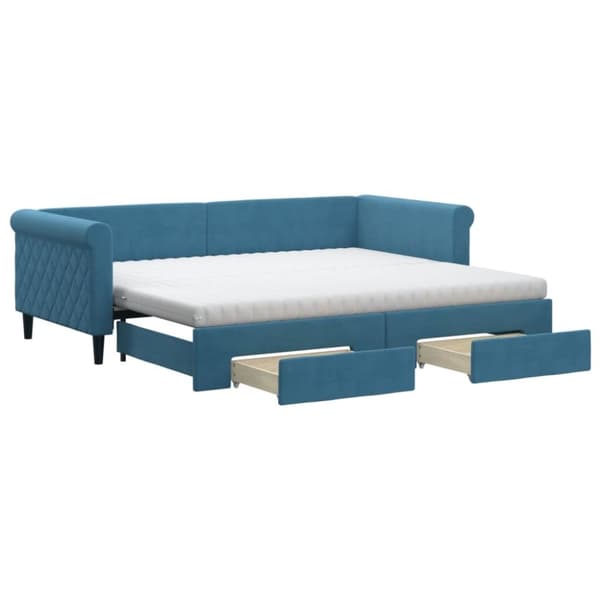 daybed med udtræk og skuffer 90x200 cm velour blå
