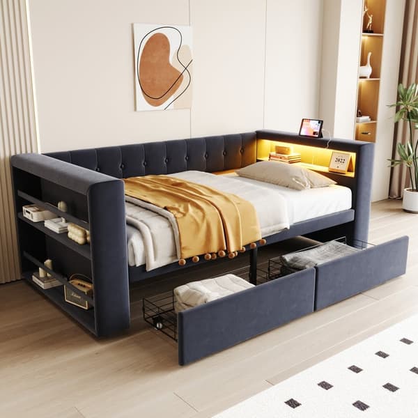 Mörkgrå stoppad säng 90×190 cm med LED-lampa, eluttag och stora förvaringslådor, multifunktionell enkelsäng | CDON