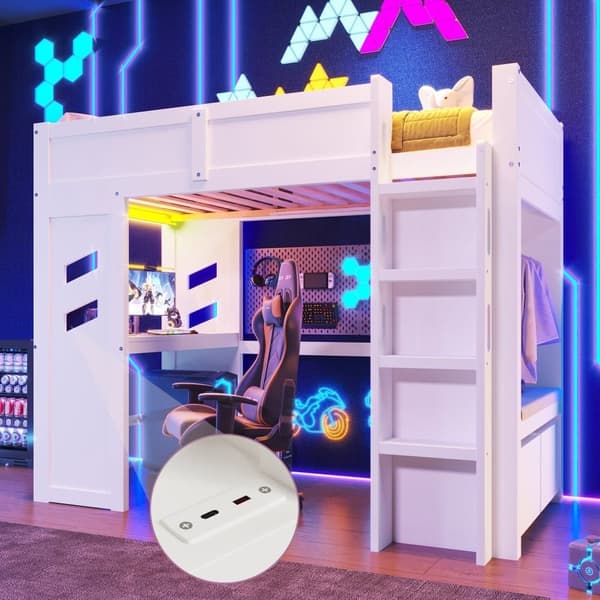 Högt säng 90x200 cm gaming loftsäng med skrivbord, LED-belysning, USB och Typ-C, stege, låda och klädställ, utan madrass, vit