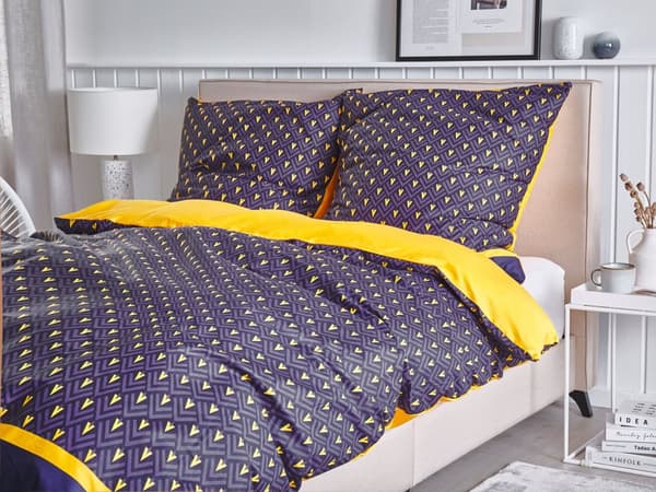 Sengetøj 155x220 cm Blå/Gul Satin Bomuld Solid mønster Dynebetræk Pudebetræk Moderne
