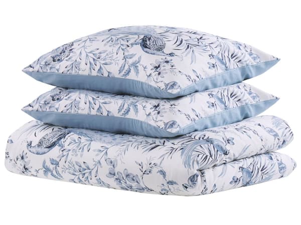 Sengetøj Hvid og Blå Satin Bomuld 155 x 220 cm Solid Mønster Dynebetræk Pudebetræk Moderne