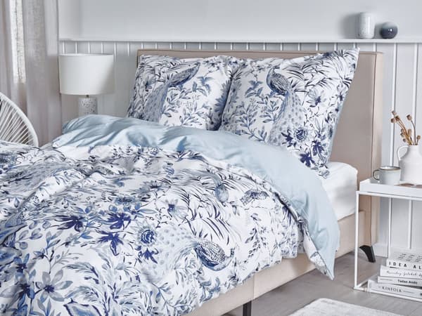 Sengetøj Hvid og Blå Satin Bomuld 155 x 220 cm Solid Mønster Dynebetræk Pudebetræk Moderne