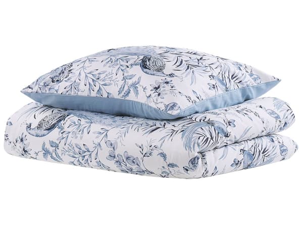 Sengetøj Hvid og Blå Satin Bomuld 135 x 200 cm Solid Mønster Dynebetræk Pudebetræk Moderne