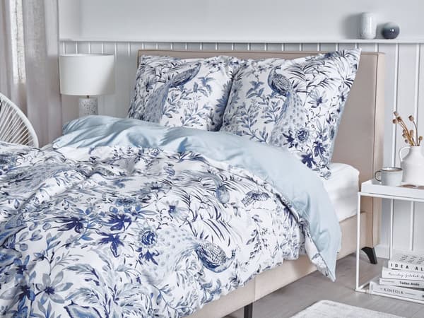 Sengetøj Hvid og Blå Satin Bomuld 135 x 200 cm Solid Mønster Dynebetræk Pudebetræk Moderne
