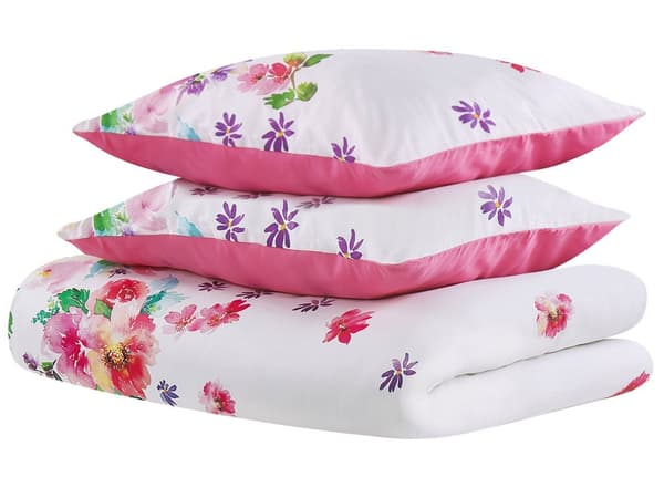 Sengetøj Hvid Lyserød Satin Bomuld Sæt 155 x 220 cm Sengelinned med Blomster Mønster Dyne og Pudebetræk Tilbehør Moderne til Pigeværelse