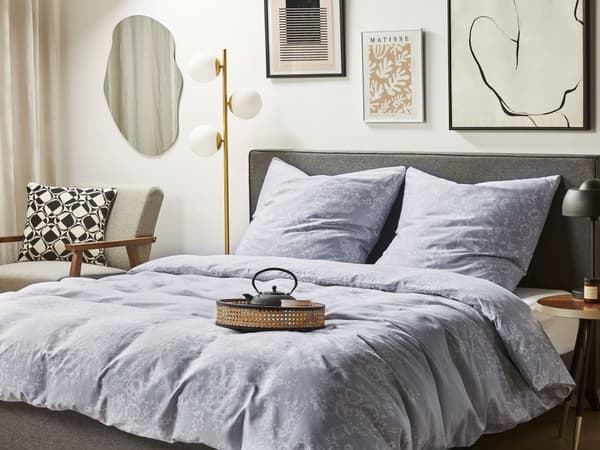 Sängkläder Grå och Vit Bomull 200 x 220 cm Blommönster Påslakan och örngott Klassiskt Elegant sovrum