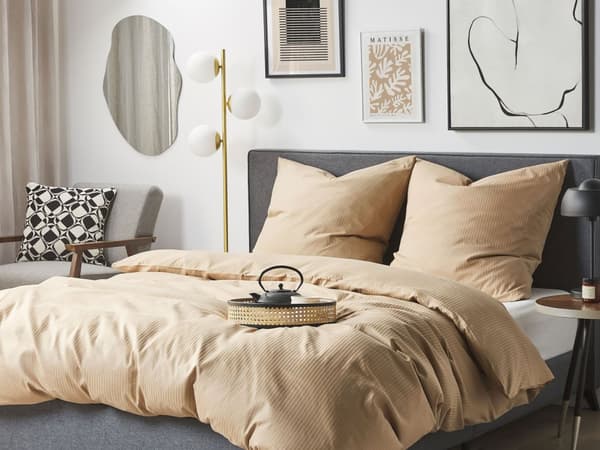 Sängkläder Beige Satin Bomull 200 x 220 cm Solid Mönster Påslakan Örngott Modernt