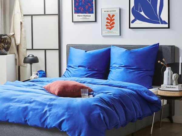 Sengetøj 220 x 240 cm Mørkeblå Satin Bomuld Solid mønster Dynebetræk Pudebetræk Moderne