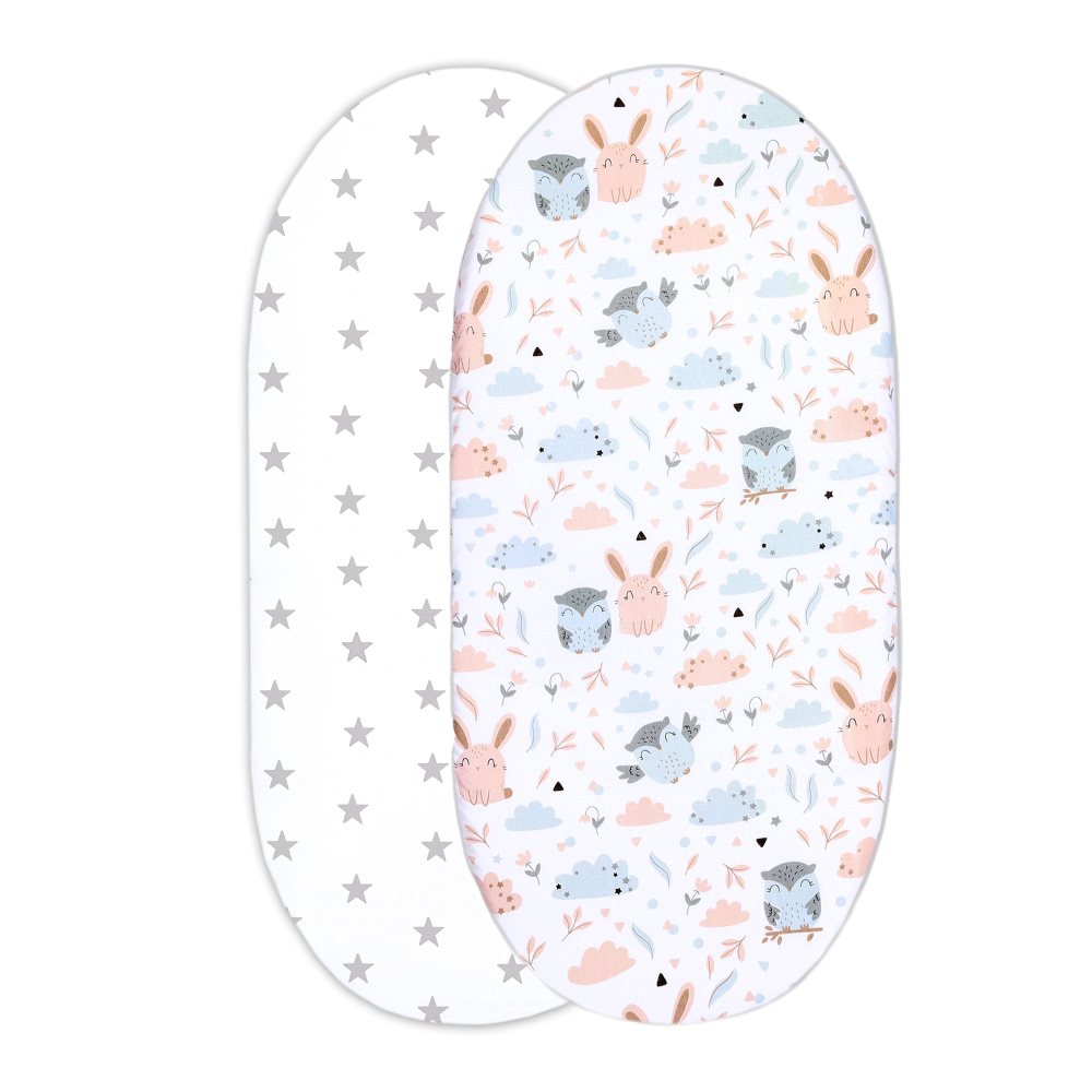 Prydnadslakan för sängöverdrag 40x80 cm - babysäng lakan bomull underlakan ovalt set: ugglor + grå stjärnor på vitt