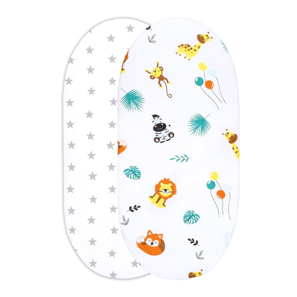 Prydnadslakan för sängöverdrag för sängkorgar 40x80 cm - babysäng lakan bomullsunderlakan ovalt set: Safari + grå stjärnor på vitt