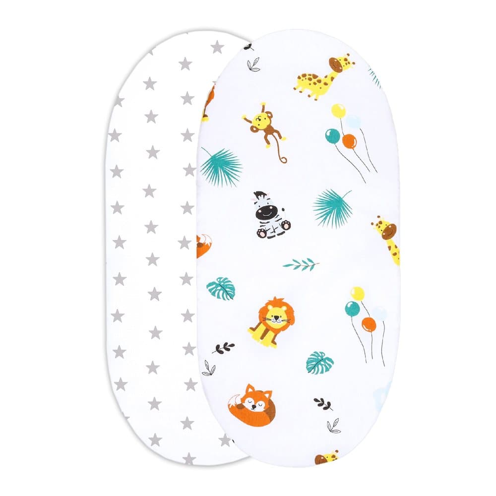 Prydnadslakan för sängöverdrag för sängkorgar 40x80 cm - babysäng lakan bomullsunderlakan ovalt set: Safari + grå stjärnor på vitt
