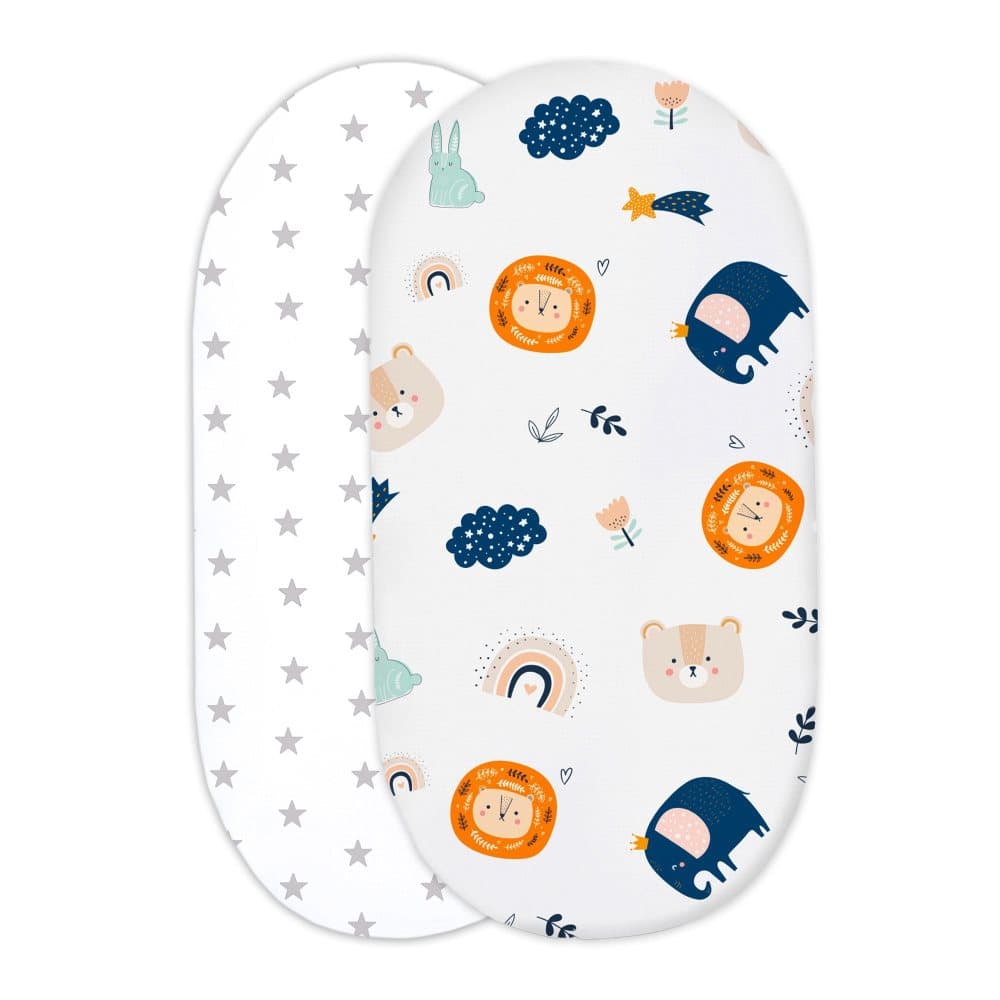 Prydnadslakan för sängöverdrag för sängvagn 40x80 cm - babysäng lakan bomull underlakan ovalt set: regnbåge + grå stjärnor på vitt