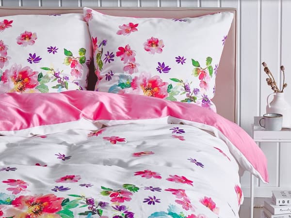 Dynetrekk Hvitt og Rosa 135 x 200 cm Blomstertrykk Bomull Moderne soverom