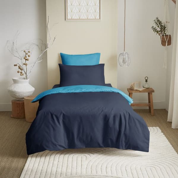 Komplett förpackning 4 delar Marinblå/Turkos vändbart påslakan för säng 90 x 190 cm