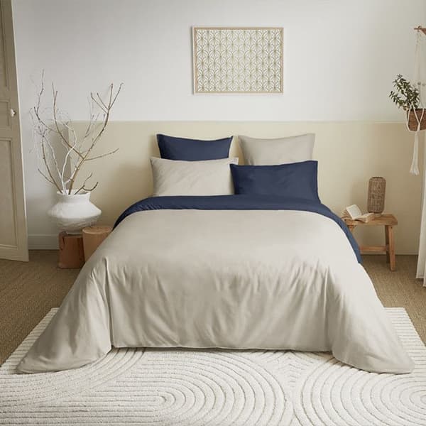 Komplett paket 6 stycken Linne/marinblå vändbart påslakan för säng 140 x 190 cm