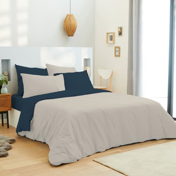 Komplett paket 6 stycken Linne/marinblå vändbart påslakan för säng 140 x 190 cm