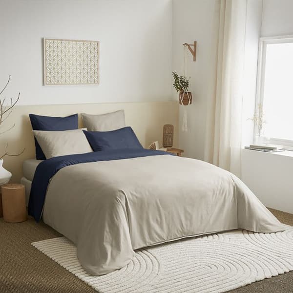 Komplett paket 6 stycken Linne/marinblå vändbart påslakan för säng 140 x 190 cm