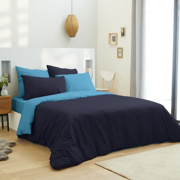 Komplett förpackning 6 delar Marinblå/Turkos vändbart påslakan för säng 140 x 190 cm