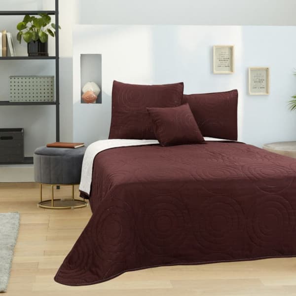 4-delad tvåfärgad quilt sängöverdrag "Circle Stitching" Choco / Natural