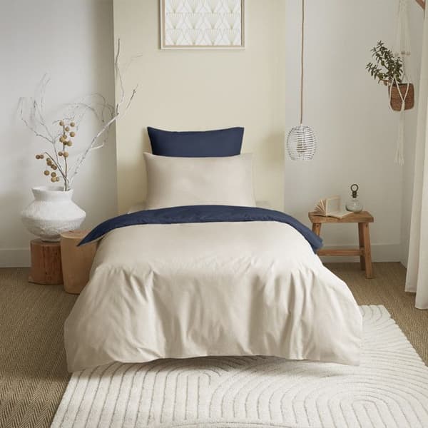 Komplett paket 4 stycken Linne/marinblå vändbart påslakan för säng 90 x 190 cm