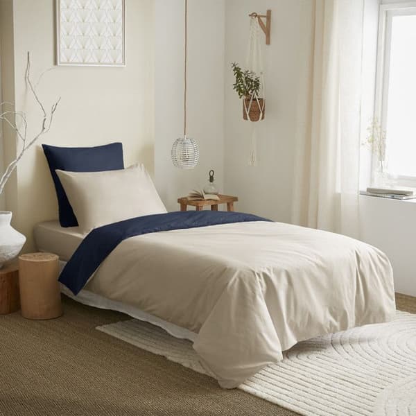 Komplett paket 4 stycken Linne/marinblå vändbart påslakan för säng 90 x 190 cm