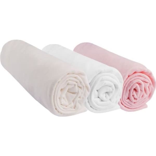 Set med 3 babyskyddslakan 70x160 cm i 100% bomullsjersey - EASY DORT - Rosa Vit Ecru - Oeko-Tex