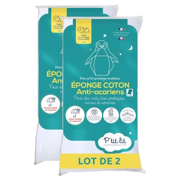 Set med 2 st Anti-Mite Baby Madrass Protector P'TIT LIT - Bouclette 100% bomull - Vattentät - 50x85 cm