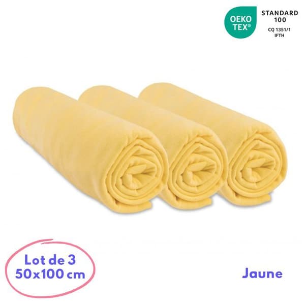 Set med 3 st bomullsjersey påsydda lakan för barnsäng - EASY DORT - Gul - 50x100 - Elastiska kanter