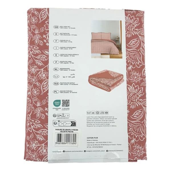 3-delat lakanset för säng 90 x 190 cm Céleste persika