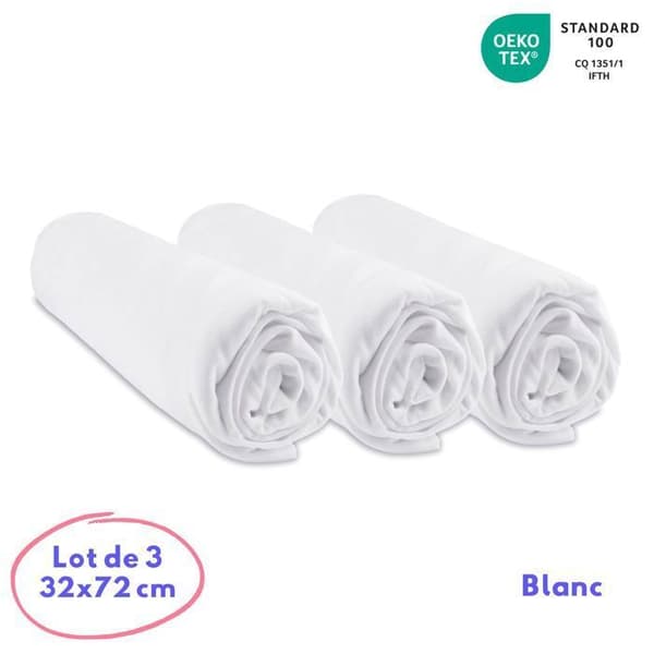 Set med 3 bomullslakan för 32x72 bassinet - EASY DORT - Jersey - Vit - Oekotex certifierad
