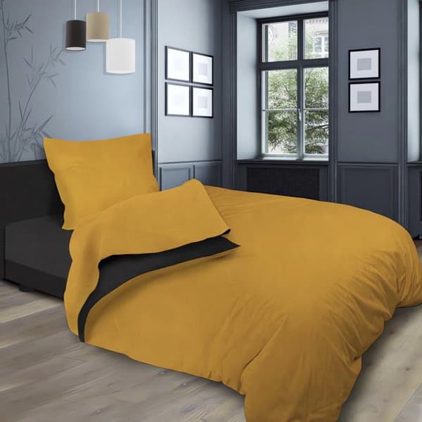 Tvättad bomullsbäddset 180x290 cm BICOLORE senap/antracit