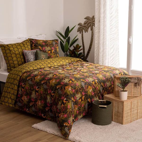 Sängkläder med tryck "Tropical boudoir" 240x220cm grön kaki - Atmosphera inredningsdesigner - Kaki