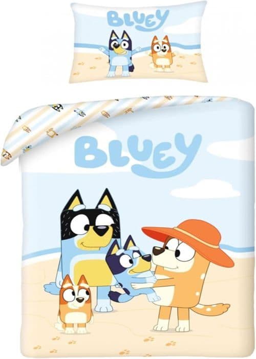 Parure av sängkläder Bluey Family, 100% Bomull, Duvetöverdrag 140x200 cm + Örngott, med Bluey, Bingo, Bandit och Chilli