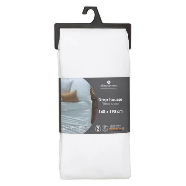 Drap-housse - ATMOSPHERA - Vit - 140x190 cm - Huvud H30 cm - 100% Bomull