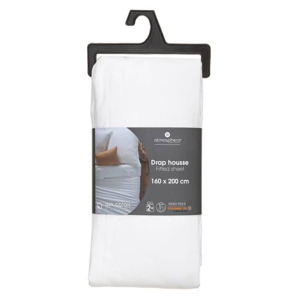 Drap housse - ATMOSPHERA - 160 x 200 cm - Bomull - Vit - Höjd på krage 30 cm