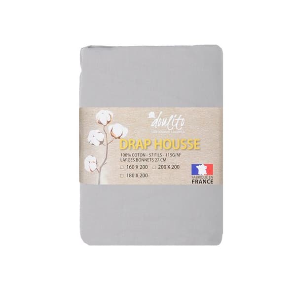 Drap housse i bomull DOULITO - 180x200 cm - GRÅ - Tillverkat i Frankrike