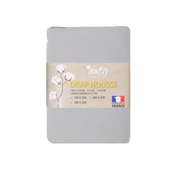 Drap housse i bomull DOULITO - 180x200 cm - GRÅ - Tillverkat i Frankrike