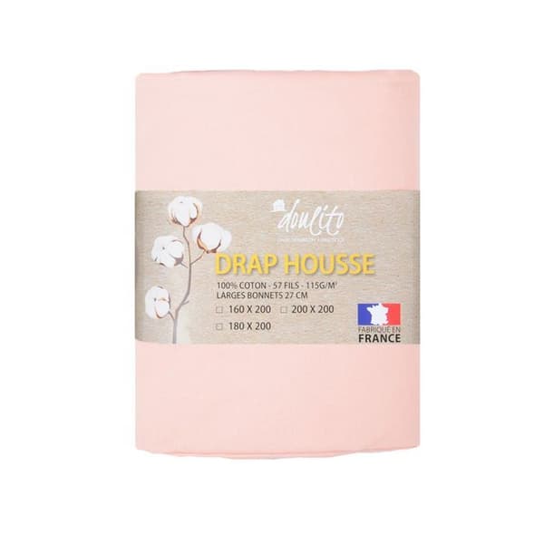 Drap housse - DOULITO - 180x200 cm - Bomull - Rosa - Tillverkad i Frankrike