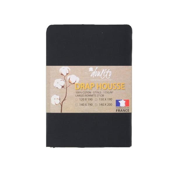 Drap housse - DOULITO - 140x200 cm - Bomull - Svart - Tillverkad i Frankrike
