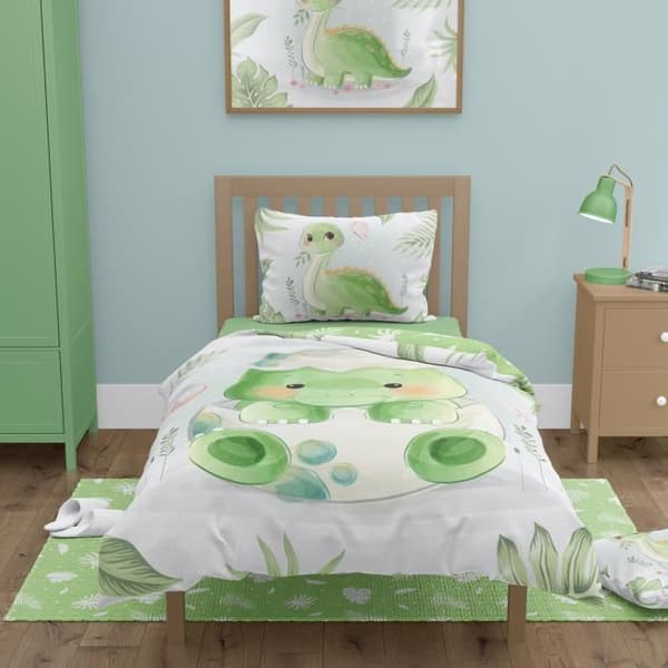 Grön dinosaurie - Babybäddset i bomull - Påslakan 100x135 cm och ett örngott 40x60 cm
